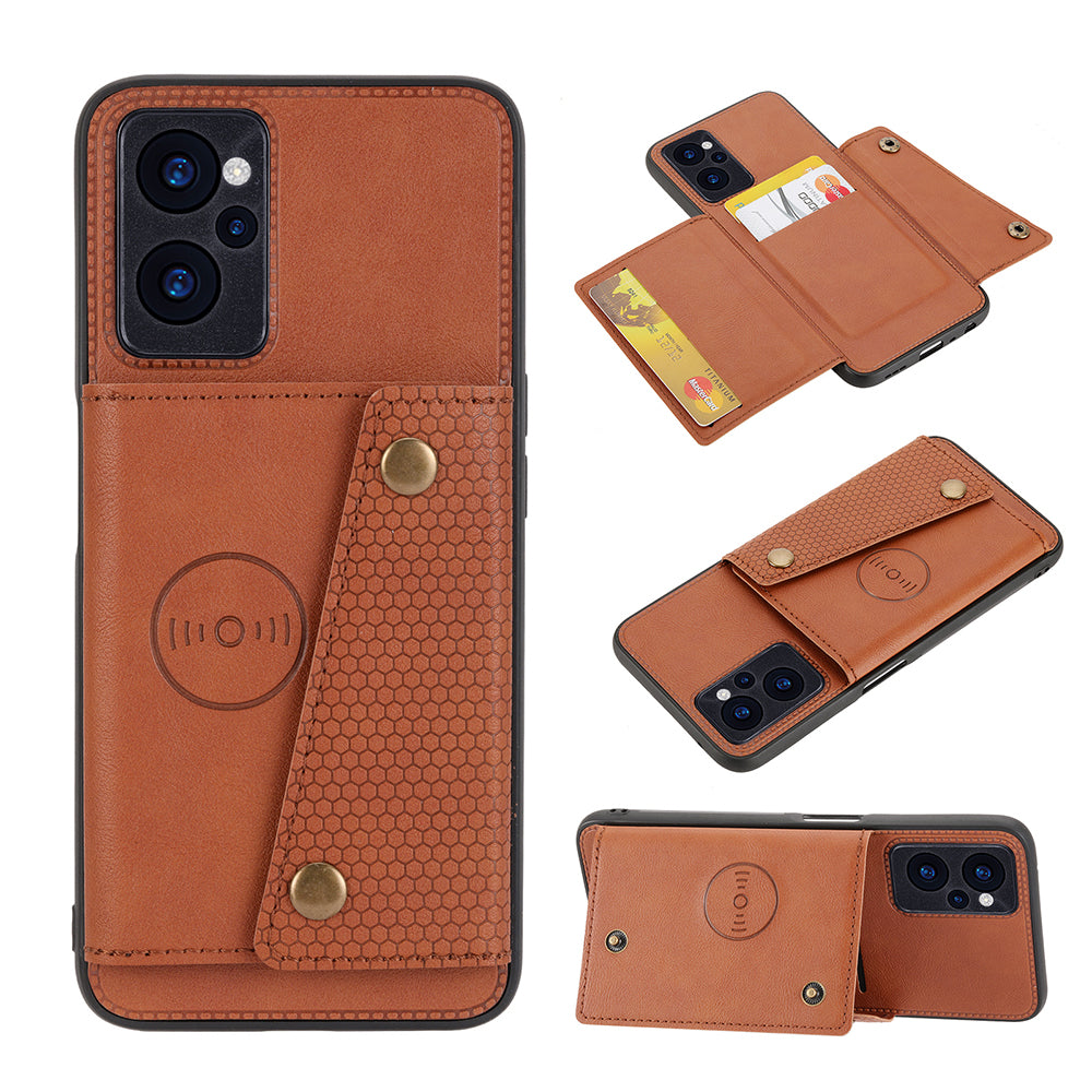 For Realme 10 5G 9i 5G Dual Button Card Holder Protective Cover Kickstand Design PU Leather Coated TPU Back Case with Built-in Metal Sheet For Realme 10 5G 9i 5G Dual Button Card Holder Protective Cover Kickstand Design PU Leather Coated TPU Back Case with Built-in Metal Sheet